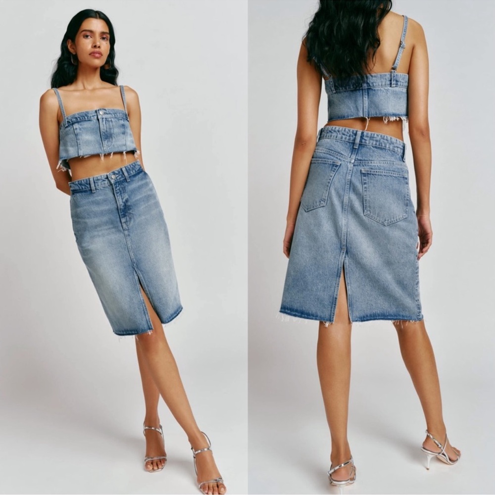 Reformation Dyani Denim Midi Double Slit Skirt in Manzanita Wash